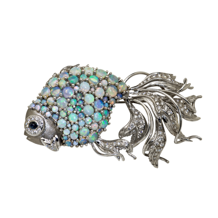 19057 Tropical Fish Opal & Diamond Brooch Designed & Handmade by Kaufmann de Suisse in 18kt White Gold featuring 85 Round Brilliant cut FVVS Quality Diamonds weighing a total of 1.14cts, 66 Brazil