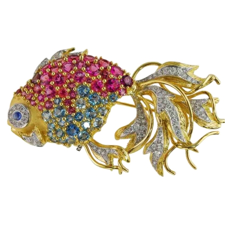 19060 Tropical Fish Brooch Designed and Handmade by Kaufmann de Suisse in Platinum and 18kt Yellow Gold featuring 40 Round Brilliant cut Pink Tourmaline weighing a total of 6.79cts, 38 Round Brill