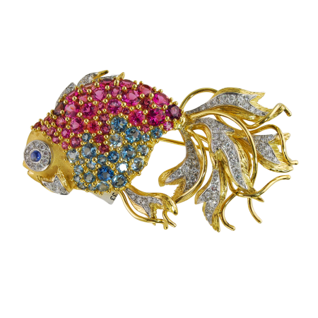 19060 Tropical Fish Brooch Designed and Handmade by Kaufmann de Suisse in Platinum and 18kt Yellow Gold featuring 40 Round Brilliant cut Pink Tourmaline weighing a total of 6.79cts, 38 Round Brill