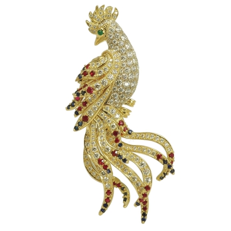 19136 Phoenix Pin Designed & Handmade by Kaufmann de Suisse in 18kt White Gold featuring 182 Round Brilliant Cut FVVS Quality Diamonds weighing a total of 5.63cts, 53 Round Brilliant cut Rubies we