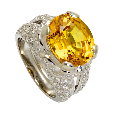 19334 Yellow Sapphire & Diamond Ring Designed & Handmade by Kaufmann de Suisse in 18kt White Gold featuring one Oval Cut 8.10cts Yellow Sapphire mounted with 152 Round Brilliant Cut FVVS Quality D