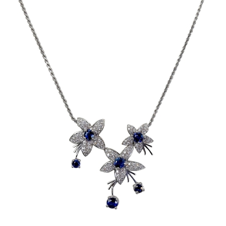 19349 Triple Jasmin de Nuit Sapphire & Diamond Pendant Designed & Handmade by Kaufmann de Suisse in 18kt White Gold featuring 95 Round Brilliant Cut