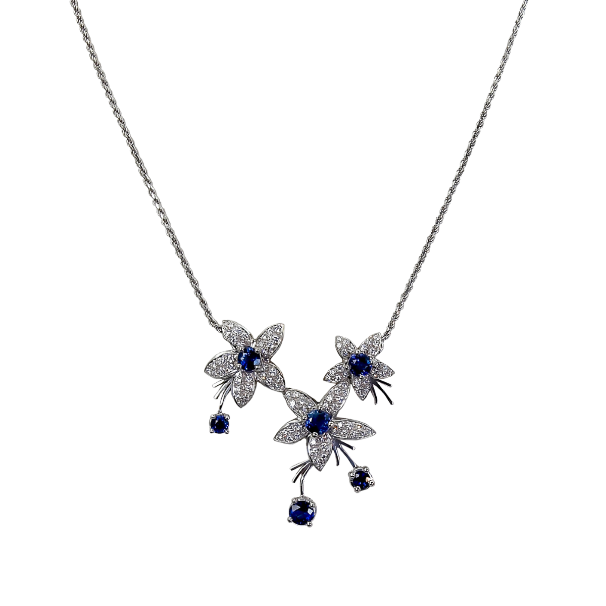 19349 Triple Jasmin de Nuit Sapphire & Diamond Pendant Designed & Handmade by Kaufmann de Suisse in 18kt White Gold featuring 95 Round Brilliant Cut FVVS Quality Diamonds weighing a total of 0.85c