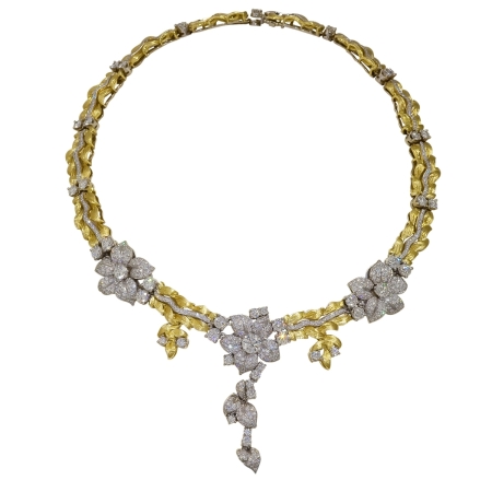 19384-Grand Jasmin de Nuit Diamond Drop Necklace Designed & Handmade by Kaufmann de Suisse in 18kt Yellow & White Gold featuring 581 Round Brilliant Cut F/VVS Quality Diamonds weighing a total of 18.94cts, 1.5 Inch Drop
