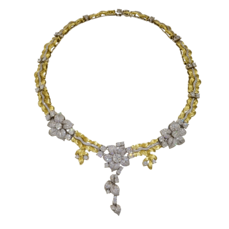 19384 Grand Jasmin de Nuit Diamond Drop Necklace Designed & Handmade by Kaufmann de Suisse in 18kt Yellow & White Gold featuring 581 Round Brilliant Cut FVVS Quality Diamonds weighing a total of 1