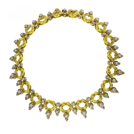 19407 Diamond Kiss Necklace Designed & Handmade by Kaufmann de Suisse in 18kt White & Yellow Gold featuring 56 Round Brilliant Cut D F Color VS Clarity Diamonds weighing a total of 14.10cts