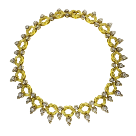 19407 Diamond Kiss Necklace Designed & Handmade by Kaufmann de Suisse in 18kt White & Yellow Gold featuring 56 Round Brilliant Cut D F Color VS Clarity Diamonds weighing a total of 14.10cts