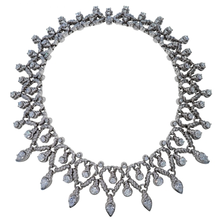 19411-Important Diamond Necklace Designed and Handmade by Kaufmann de Suisse in 18kt White Gold featuring 7 Pear Shape D/VS Quality Diamonds weighing a total of 8.75cts and 69 Round Brilliant Cut D-G/VS Quality Diamonds weighing a total of 29.65cts