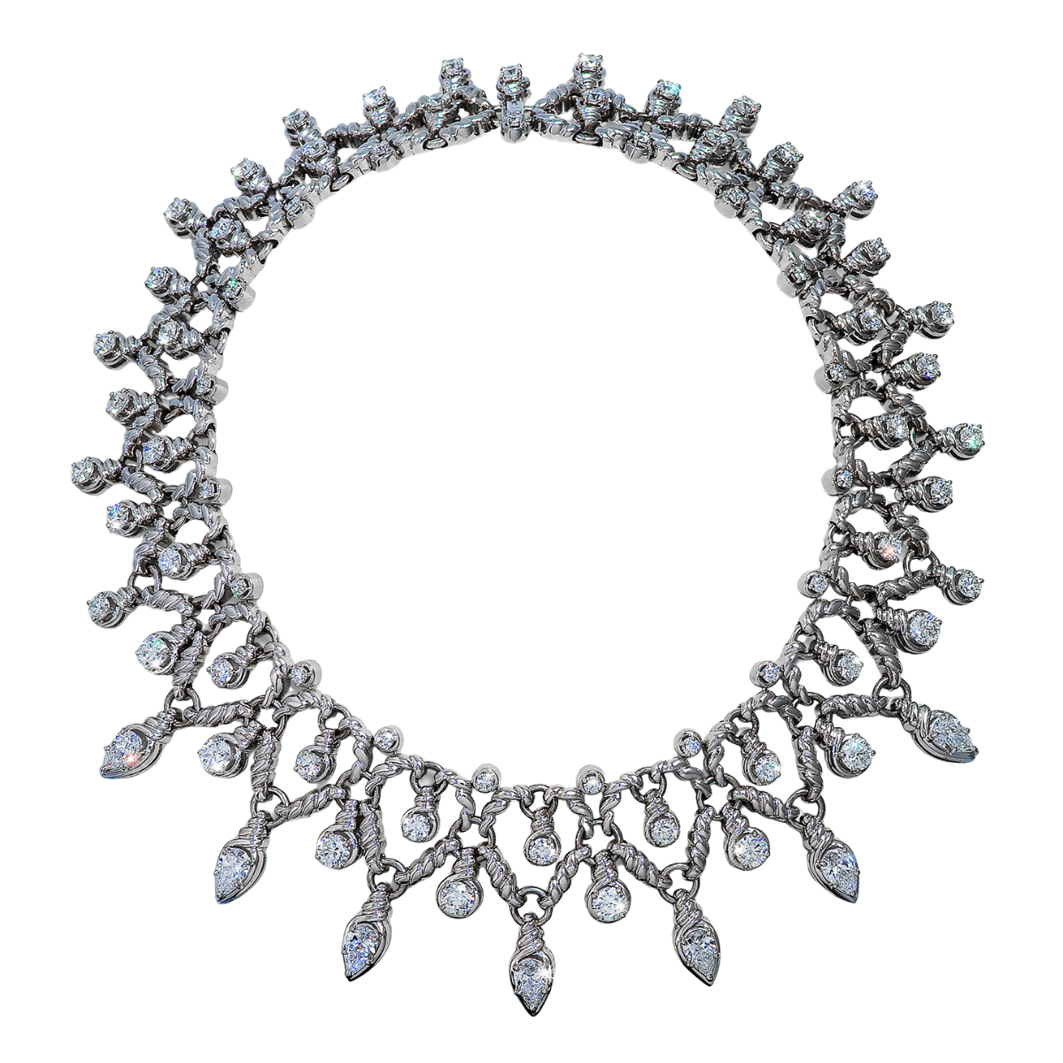 19411 Important Diamond Necklace Designed and Handmade by Kaufmann de Suisse in 18kt White Gold featuring 7 Pear Shape DVS Quality Diamonds weighing a total of 8.75cts and 69 Round