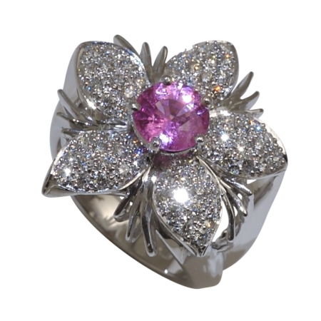19657 Jasmin de Nuit Pink Sapphire and Diamond Ring Designed and Handmade by Kaufmann de Suisse in 18kt White Gold and Platinum featuring 1 Round Pink Sapphire