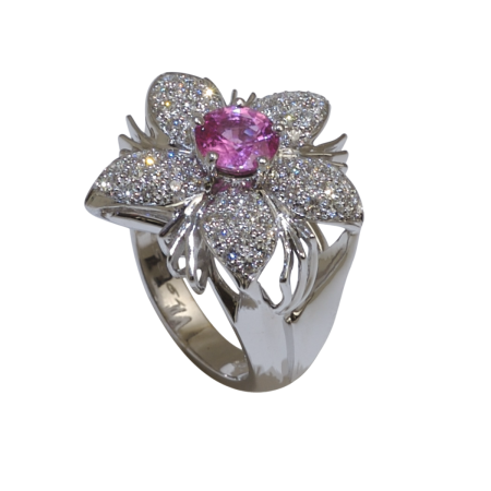 19657 Jasmin de Nuit Pink Sapphire and Diamond Ring Designed and Handmade by Kaufmann de Suisse in 18kt White Gold and Platinum featuring 1 Round Pink Sapphire weighing