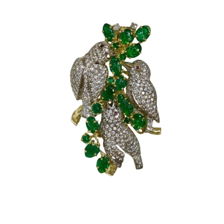 Robin's Nest Pendant Necklace Designed & Handmade by Kaufmann de Suisse in 18kt White and Yellow Gold featuring 402 Round Brilliant Cut F/VVS Quality Diamonds weighing a total of 3.00cts, 19 Carved Emeralds weighing a total of 3.33cts and 3 Round Rubies weighing a total of 0.03cts