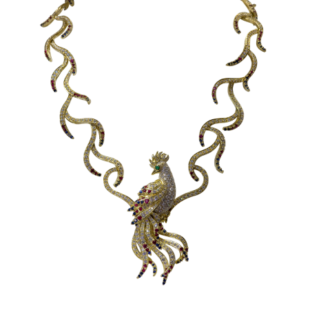 19846 Phoenix Necklace with Precious Stones and Diamonds in Yellow Gold Designed & Handmade by Kaufmann de Suisse in 18kt Yellow Gold featuring 322 Round Brililant cut FVVS Quality Diamonds (1)
