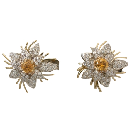 19876 Jasmin de Nuit Clip On Earrings Designed & Handmade by Kaufmann de Suisse in 18kt Yellow & White Gold featuring 2 Round Yellow Sapphires weighing a total of 0.84cts and 119 Round Brilliant c