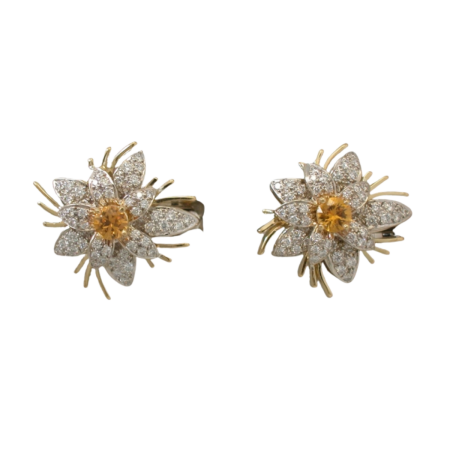 19876 Jasmin de Nuit Clip On Earrings Designed & Handmade by Kaufmann de Suisse in 18kt Yellow & White Gold featuring 2 Round Yellow Sapphires weighing a total of 0.84cts and 119 Round Brilliant c