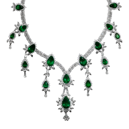 19929 Double Flowing Lines Emerald & Diamond Necklace Designed & Handmade by Kaufmann de Suisse in 18kt White Gold & Platinum featuring 16 Fine Columbian Emeralds wigh AGS Minor rating weighing a