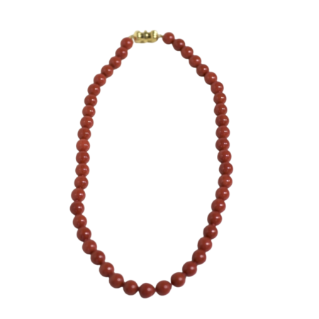 19998 Coral & Yellow Gold Bead Necklace Designed & Handmade by Kaufmann de Suisse in 18kt Yellow Gold featuring 48 AAA 9.5 10mm Red Coral Beads, 14 x 10mm 18kt Gold Beads, 94 x 4mm and 60 x 2mm