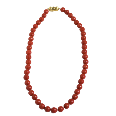 19998 Coral & Yellow Gold Bead Necklace Designed & Handmade by Kaufmann de Suisse in 18kt Yellow Gold featuring 48 AAA 9.5 10mm Red Coral Beads, 14 x 10mm 18kt Gold Beads, 94 x 4mm and 60 x 2mm