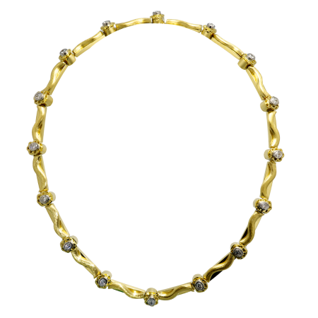 20221 Flowing Lines Diamond Necklace Designed & Handmade by Kaufmann de Suisse in 18kt Yellow Gold & Platinum featuring 16 Oval GVS Quality Diamonds weighing a total of 2.45cts