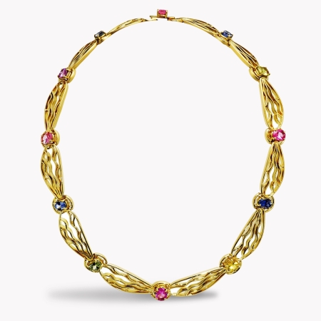 21476 Dragonfly Necklace Designed & Handmade by Kaufmann de Suisse in 18kt Yellow Gold featuring 12 Multi Color Oval Sapphires weighing a total of 12.88cts