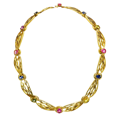 21476 Dragonfly Necklace Designed & Handmade by Kaufmann de Suisse in 18kt Yellow Gold featuring 12 Multi Color Oval Sapphires weighing a total of 12.88cts