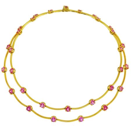 21909 Long Cascade Necklace Designed & Handmade by Kaufmann de Suisse in 18kt Yellow Gold featuring 30 Round Brilliant cut Pink Sapphires weighing a total of 18.15cts