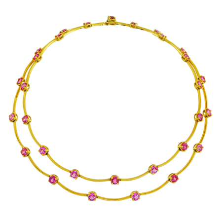 21909 Long Cascade Necklace Designed & Handmade by Kaufmann de Suisse in 18kt Yellow Gold featuring 30 Round Brilliant cut Pink Sapphires weighing a total of 18.15cts