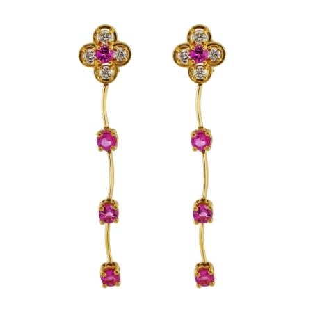 21972A Single Cascade Dangle Drop Earrings Designed & Handmade by Kaufmann de Suisse in 18kt Yellow Gold featuring 8 Round Brilliant Cut Pink Sapphires weighing a total of 4.92cts and 8 Round Bril