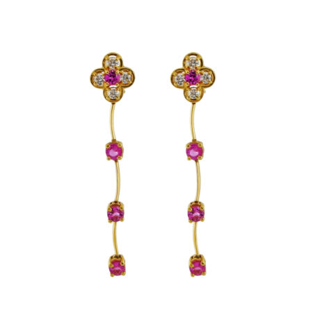 21972A Single Cascade Dangle Drop Earrings Designed & Handmade by Kaufmann de Suisse in 18kt Yellow Gold featuring 8 Round Brilliant Cut Pink Sapphires weighing a total of 4.92cts and 8 Round Bril