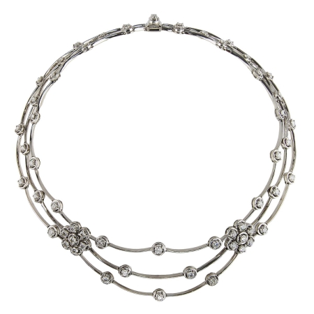 22005 Triple Row Diamond Cascade Necklace Designed & Handmade by Kaufmann de Suisse in 18kt White Gold featuring 59 Round Brilliant Cut GVS Quality Diamonds weighing a total of 8.74cts