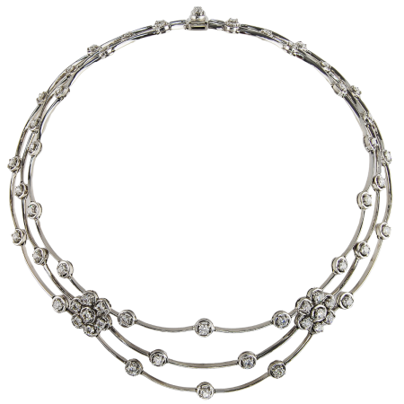 22005 Triple Row Diamond Cascade Necklace Designed & Handmade by Kaufmann de Suisse in 18kt White Gold featuring 59 Round Brilliant Cut GVS Quality Diamonds weighing a total of 8.74cts