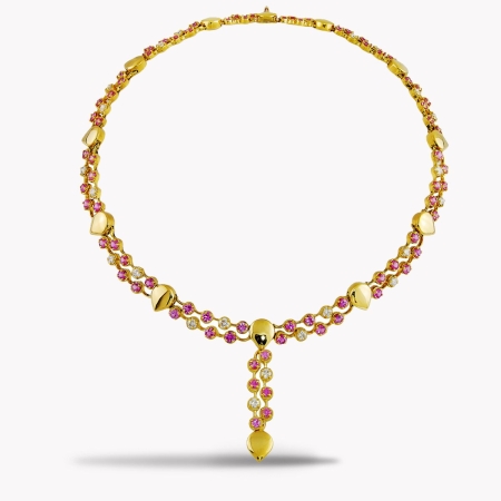 22091 Double Cascade Lace Necklace Designed & Handmade by Kaufmann de Suisse in 18kt Yellow Gold featuring 74 Round Pink Sapphires weighing a total of 14.14cts and 22 Round Brilliant cut Diamonds