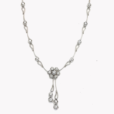 22226 Flowing Lines Diamond Fleurette Necklace designed and handmade by Kaufmann de Suisse in 18kt White Gold featuring 62 Round Brilliant cut GVS Quality Diamonds weighing a total of 5.51cts.
