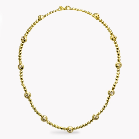 22302 Yellow Gold Bead & Diamond Collar Necklace Designed & Handmade by Kaufmann de Suisse in 18kt Yellow Gold featuring 12 Round Brilliant Cut GVS Quality Diamonds weighing a total of 2.07cts