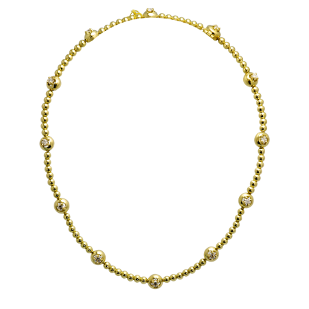 22302 Yellow Gold Bead & Diamond Collar Necklace Designed & Handmade by Kaufmann de Suisse in 18kt Yellow Gold featuring 12 Round Brilliant Cut GVS Quality Diamonds weighing a total of 2.07cts