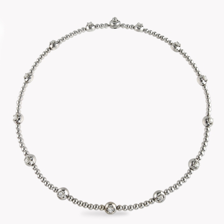 22303 White Gold Bead and Diamond Collar Necklace Designed & Handmade by Kaufmann de Suisse in 18kt White Gold featuring 14 Round Brilliant Cut GVS Quality Diamonds weighing a total of 2.40cts