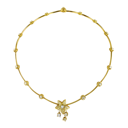 22560 Cascade Diamond Necklace with Jasmin Drop Designed and Handmade by Kaufmann de Suisse in 18kt Yellow Gold featuring 54 Round Brilliant cut