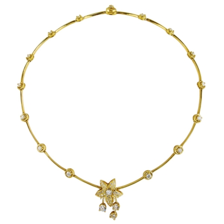 22560 Cascade Diamond Necklace with Jasmin Drop Designed and Handmade by Kaufmann de Suisse in 18kt Yellow Gold featuring 54 Round Brilliant cut HSI Quality Diamonds weighing a total of 3.86cts, 1