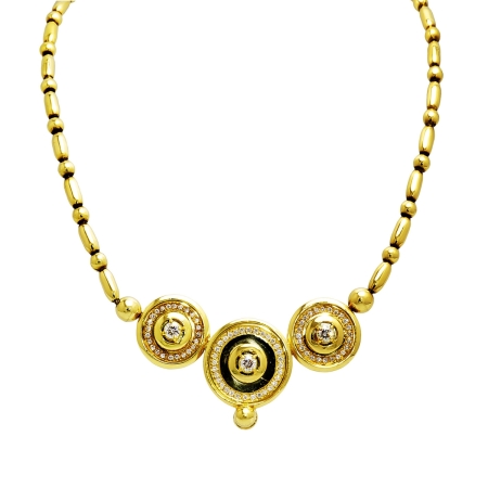 22692 Soleil Diamond Necklace Designed & Handmade by Kaufmann de Suisse in 18kt Yellow Gold featuring 3 Round Brilliant Cut HSI Quality Diamonds weighing a total of 0.90cts and mounted with 76 Rou