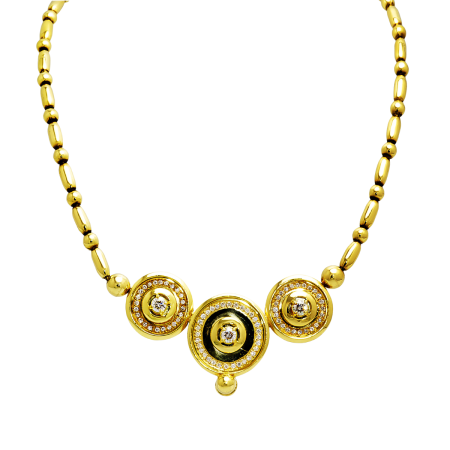 22692 Soleil Diamond Necklace Designed & Handmade by Kaufmann de Suisse in 18kt Yellow Gold featuring 3 Round Brilliant Cut HSI Quality Diamonds weighing a total of 0.90cts and mounted with 76 Rou