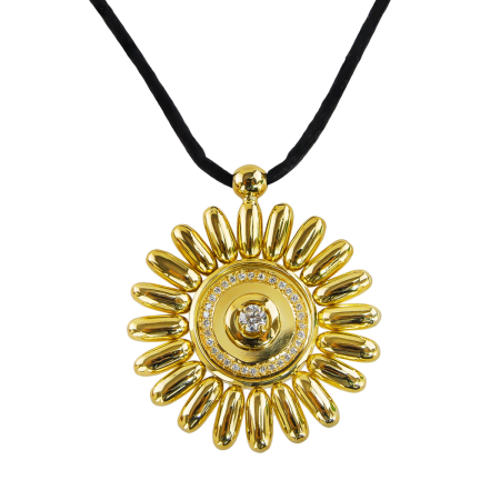 22707 Soleil Diamond Necklace Designed & Handmade by Kaufmann de Suisse in 18kt Yellow Gold featuring one 0.41cts GSI Quality Round Brilliant Cut Diamond mounted with 32 Round Brilliant Cut GSI Qu