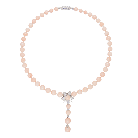 22752 Angel Skin Coral & Diamond Jasmin Drop Necklace Designed & Handmade by Kaufmann de Suisse in 18kt White Gold featuring 54 Angel Skin Coral Beads measuring 6.2 to 8.8mm and 59 Round Brilliant