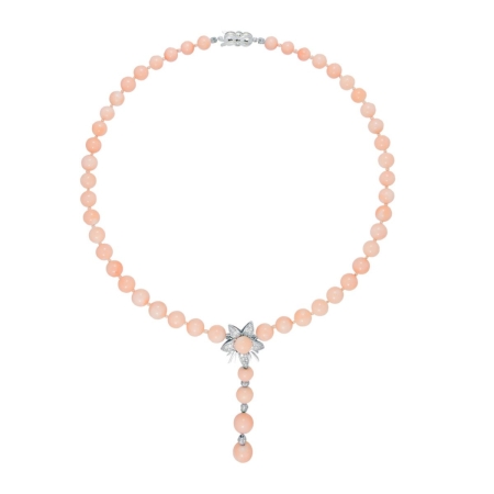 22752 Angel Skin Coral & Diamond Jasmin Drop Necklace Designed & Handmade by Kaufmann de Suisse in 18kt White Gold featuring 54 Angel59 Round Brilliant Cut GSI Quality Diamonds weighing a total of