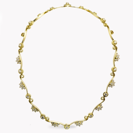 22754 Flowing Lines Diamond Fleurette Necklace Designed and Handmade by Kaufmann de Suisse in 18kt Yellow Gold featuring 62 Round Brilliant cut GSI Quality Diamonds weighing a total of 5.41cts.