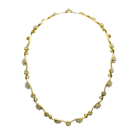 22754 Flowing Lines Diamond Fleurette Necklace Designed and Handmade by Kaufmann de Suisse in 18kt Yellow Gold featuring 62 Round Brilliant cut GSI Quality Diamonds weighing a total of 5.41cts.