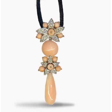 22772-Angel Skin Coral & Diamond Jasmin Drop Pendant Designed & Handmade by Kaufmann de Suisse in 18kt White Gold featuring 10 Angel Skin Coral Beads measuring 4mm, 1 Angel Skin Coral Half Round measuring 12mm and one Teardrop Angel Skin Coral measuring 22m and 67 Round Brilliant Cut G/SI Quality Diamonds weighing a total of 0.81cts on a 16 Inch Black Silk Cord with White Gold Clasp, 2.5 inch drop