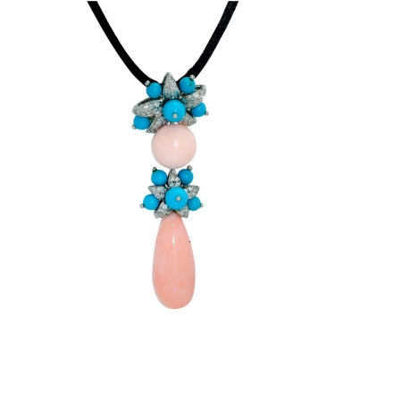22794 Angel Skin Coral, Turquoise & Diamond Jasmin Drop Pendant Designed & Handmade by Kaufmann de Suisse in 18kt White Gold featuring 10 Turquoise measuring 4 6mm, 1 Angel Skin Coral Half Round