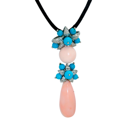 22794 Angel Skin Coral, Turquoise & Diamond Jasmin Drop Pendant Designed & Handmade by Kaufmann de Suisse in 18kt White Gold featuring 10 Turquoise measuring 4 6mm, 1 Angel Skin Coral Half Round