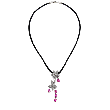 22872 Jasmin de Nuit Pink Sapphire & Diamond Pendant Designed & Handmade by Kaufmann de Suisse in 18kt White Gold featuring 72 Round Brilliant Cut GVS Quality Diamonds weighing a total of 1.22cts