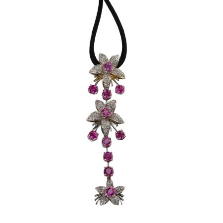 22928 Jasmin de Nuit Pink Sapphire & Diamond Pendant Designed & Handmade by Kaufmann de Suisse in 18kt White Gold featuring 102 Round Brilliant Cut GVS Quality Diamonds weighing a total of 1.23cts